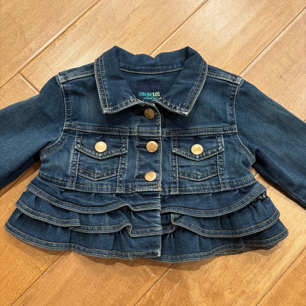 Genuine Kids Oshkosh Girls Toddler Blue Denim Jean Ruffle Snap Front Jacket 2T